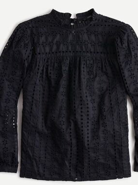 J. Crew Black Eyelet Ruffled Neckline Top Size M